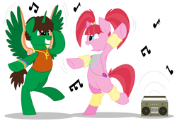Size: 6096x4248 | Tagged: safe, artist:glitterstar2000, character:pacific glow, oc, oc:frost d. tart, species:alicorn, species:pony, absurd resolution, accessories, alicorn oc, dancing, jewelry, missing cutie mark, music, music notes, necklace, radio