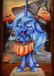 Size: 1024x1441 | Tagged: safe, artist:scootiegp, character:princess luna, species:bat, candy, clothing, cute little fangs, fangs, female, filly, floppy ears, food, halloween, hat, holiday, jack-o-lantern, looking up, mouth hold, pumpkin, pumpkin bucket, solo, traditional art, trick or treat, unshorn fetlocks, witch hat, woona, younger