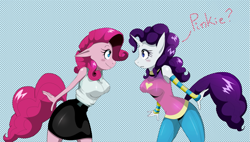 Size: 1529x870 | Tagged: safe, artist:traupa, character:pinkie pie, character:rarity, species:anthro, accessory swap, blushing, breasts, busty pinkie pie, busty rarity, clothes swap, clothing, dialogue, duo, female, mane swap, personality swap, rarity hair, role reversal, sudden style change
