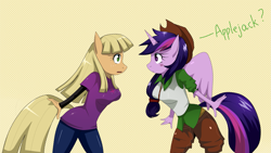 Size: 1551x875 | Tagged: safe, artist:traupa, character:applejack, character:twilight sparkle, character:twilight sparkle (alicorn), species:alicorn, species:anthro, species:pony, accessory swap, alternate hairstyle, applejack's hat, blushing, breasts, busty applejack, busty twilight sparkle, clothes swap, clothing, cowboy hat, dialogue, duo, female, hat, mane swap, role reversal, sudden style change