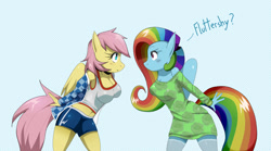 Size: 1599x890 | Tagged: safe, artist:traupa, character:fluttershy, character:rainbow dash, species:anthro, ship:flutterdash, blushing, breasts, busty fluttershy, busty rainbow dash, cleavage, clothes swap, clothing, dress, female, lesbian, mane swap, midriff, rainbow dash always dresses in style, role reversal, shipping, shorts, socks, sudden style change, tank top, thigh highs, wide eyes