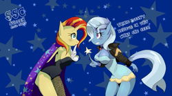 Size: 1599x890 | Tagged: safe, artist:traupa, character:sunset shimmer, character:trixie, species:anthro, ship:suntrix, accessory swap, blushing, breasts, busty sunset shimmer, busty trixie, cape, cleavage, clothes swap, clothing, dialogue, dress, female, fishnets, gloves, gritted teeth, jacket, leotard, lesbian, looking at each other, magician outfit, mane swap, role reversal, shipping, sideboob, sudden style change, trixie's cape