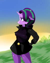 Size: 832x1040 | Tagged: safe, artist:traupa, character:starlight glimmer, species:anthro, blushing, breasts, busty starlight glimmer, clothing, female, floppy ears, lidded eyes, pantyhose, skirt, solo, sweater, turtleneck