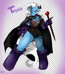 Size: 480x550 | Tagged: safe, artist:traupa, character:trixie, species:anthro, species:unguligrade anthro, alicorn amulet, boots, breasts, busty trixie, cape, cleavage, clothing, female, floppy ears, gloves, hat, leotard, magician outfit, smiling, solo, staff