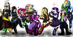 Size: 900x460 | Tagged: safe, artist:traupa, character:applejack, character:discord, character:fluttershy, character:pinkie pie, character:rainbow dash, character:rarity, character:spike, character:twilight sparkle, oc, oc:traupa, species:anthro, species:unguligrade anthro, boots, clothing, dress, eyepatch, fingerless gloves, flower, flower in hair, gloves, hat, mane seven, mane six, simple background, socks, staff, striped socks, sunglasses, trenchcoat, white background