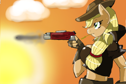 Size: 900x600 | Tagged: safe, artist:traupa, character:applejack, species:anthro, clothing, female, fingerless gloves, gloves, gun, hat, midriff, solo, weapon
