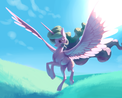 Size: 5000x4000 | Tagged: safe, artist:nadnerbd, character:princess celestia, species:alicorn, species:pony, g4, absurd resolution, backlighting, female, grass, landing, lidded eyes, majestic, mare, missing accessory, painterly, painting, sky, solo, spread wings, subsurface scattering, sun, sunlight, wings