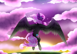 Size: 1024x714 | Tagged: safe, artist:itsizzybel, oc, oc only, oc:cream cloud, species:pegasus, species:pony, big wings, cloud, female, flying, pegasus oc, solo, sun, sunset, wings
