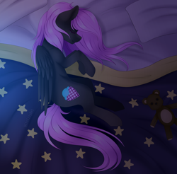 Size: 1024x1007 | Tagged: safe, artist:itsizzybel, oc, oc only, oc:cream cloud, species:pegasus, species:pony, bed, blanket, crying, female, on side, pegasus oc, sleeping, solo, teddy bear, wings