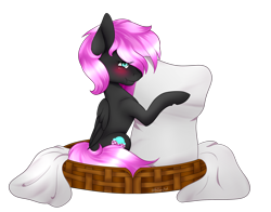 Size: 2102x1649 | Tagged: safe, artist:itsizzybel, oc, oc only, oc:cream cloud, species:pegasus, species:pony, blanket, blushing, female, pegasus oc, pillow, simple background, solo, transparent background, wings