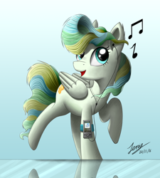 Size: 3000x3333 | Tagged: safe, artist:duskie-06, character:vapor trail, species:pegasus, species:pony, g4, earbuds, female, ipod, listening, mp3 player, music, music notes, open mouth, reflection, signature, smiling, solo