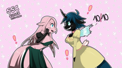 Size: 1599x890 | Tagged: safe, artist:traupa, character:queen chrysalis, oc, oc:fluffle puff, species:anthro, alternate hairstyle, anthro oc, bandeau, breasts, busty fluffle puff, canon x oc, chrysipuff, clothing, dress, female, lesbian, midriff, shipping, side slit, sudden style change
