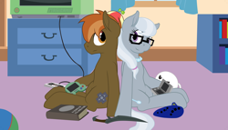 Size: 3500x2000 | Tagged: safe, artist:glacierfrostclaw, character:button mash, character:silver spoon, species:earth pony, species:pony, a song of ice and fire, ball, bedroom, book, clothing, controller, cute, female, glasses, hat, male, older, older button mash, older silver spoon, pearl necklace, propeller hat, shipping, silvermash, straight, television