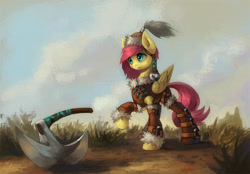 Size: 1400x973 | Tagged: safe, artist:asimos, character:fluttershy, axe, barbarian, clothing, convincing armor, female, folded wings, hat, leather armor, looking at something, painterly, raised hoof, solo, weapon