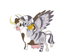 Size: 1057x793 | Tagged: source needed, useless source url, safe, artist:theunknowenone1, character:daisy jo, character:zecora, species:alicorn, species:cow, species:pony, species:zebra, conjoined, crossover, fusion, horn, horns, mega evolution, multiple heads, pokémon, simple background, two heads, udder, wat, white background, wings, zebrow
