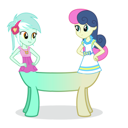 Size: 2924x2908 | Tagged: source needed, useless source url, safe, artist:theunknowenone1, character:bon bon, character:lyra heartstrings, character:sweetie drops, species:centaur, my little pony:equestria girls, catdog, clothing, dress, fusion, lyrabon (fusion), ponytaur, skirt, we have become one, what has science done