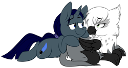 Size: 1398x748 | Tagged: safe, artist:acstlu, oc, oc only, oc:eraclea, oc:inkblot, species:griffon, species:pony, species:unicorn, cuddling, cute, eye contact, female, griffon oc, leaning, lesbian, lidded eyes, looking at each other, mare, prone, simple background, smiling, transparent background