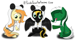 Size: 3900x2100 | Tagged: safe, artist:cloudy95, oc, oc only, oc:aphelion, oc:haven, oc:rayva, species:earth pony, species:pegasus, species:pony, animal costume, clothing, costume, female, mare, panda costume, simple background, transparent background