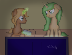 Size: 2600x2000 | Tagged: safe, artist:cloudy95, oc, oc only, oc:curiosa dream, species:pony, species:unicorn, controller, female, joystick, magic, male, mare, nintendo entertainment system, stallion, television, video game