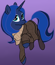 Size: 1280x1517 | Tagged: safe, artist:tanmansmantan, character:princess luna, clothing, female, gradient background, heart eyes, scarf, simple background, solo, sweater, wingding eyes