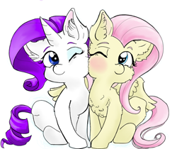 Size: 1000x840 | Tagged: safe, artist:firimil, character:fluttershy, character:rarity, species:pegasus, species:pony, species:unicorn, ship:rarishy, blushing, chest fluff, cute, ear fluff, female, fluffy, hug, lesbian, nuzzling, one eye closed, raribetes, shipping, shyabetes, simple background, sitting, smiling, spread wings, squishy cheeks, white background, winghug, wings, wink