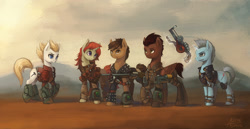 Size: 1600x824 | Tagged: safe, artist:asimos, oc, oc only, species:earth pony, species:pegasus, species:pony, species:unicorn, fallout equestria, armor, commission, group, gun, signature, wasteland, weapon