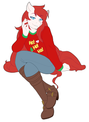 Size: 1280x1741 | Tagged: safe, artist:mylittlesheepy, oc, oc only, oc:air raid, species:anthro, species:plantigrade anthro, anthro oc, bedroom eyes, boots, christmas sweater, clothing, crossed legs, femboy, high heels, jeans, long hair, looking at you, male, pants, simple background, solo, sweater, transparent background, trap