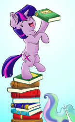 Size: 620x1000 | Tagged: safe, artist:firimil, character:princess celestia, character:twilight sparkle, species:alicorn, species:pony, species:unicorn, balancing, bipedal, book, bookstack, celestia's mane, chest fluff, cute, ear fluff, eyes closed, female, filly, filly twilight sparkle, fluffy, gradient background, happy, hoof hold, leg fluff, mare, open mouth, raised leg, simple background, smiling, that pony sure does love books, twiabetes, younger