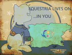 Size: 2600x2000 | Tagged: safe, artist:starrypallet, oc, oc only, oc:littlepip, species:pony, species:unicorn, fallout equestria, clothing, fallout 4, fanfic, fanfic art, female, hooves, horn, map, mare, pipbuck, poster, solo, vault suit
