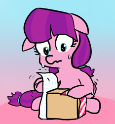 Size: 1280x1375 | Tagged: safe, artist:tanmansmantan, character:lily longsocks, species:pony, cute, female, filly, floppy ears, hedgehog's dilemma, nervous, present, shaking, solo, sweat, wrapping paper