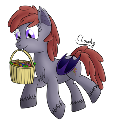 Size: 1500x1600 | Tagged: safe, artist:cloudy95, oc, oc only, oc:lukida, species:bat pony, species:pony, basket, candy, female, food, mare, mouth hold, simple background, solo, transparent background