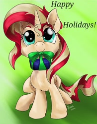 Size: 600x768 | Tagged: safe, artist:firimil, character:sunset shimmer, species:pony, species:unicorn, my little pony:equestria girls, cute, female, gift giving, happy holidays, looking at you, mouth hold, present, shimmerbetes, sitting, solo