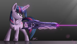Size: 2200x1276 | Tagged: safe, artist:duskie-06, character:twilight sparkle, character:twilight sparkle (alicorn), species:alicorn, species:pony, covenant type 50 particle beam rifle, crossover, female, halo 4, laser, magic, raised hoof, reflection, signature, solo, weapon