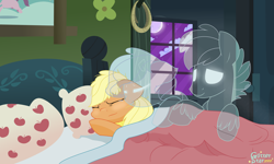 Size: 4840x2896 | Tagged: safe, artist:glitterstar2000, character:applejack, species:pony, applejack's parents, bed, bedroom, bittersweet, crying, eyes closed, ghost, night, sleeping, window
