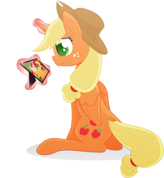 Size: 2735x2972 | Tagged: safe, artist:emkay-mlp, character:applejack, character:sunset shimmer, species:alicorn, species:pony, ship:appleshimmer, alicornified, applecorn, clothing, commission, cowboy hat, female, freckles, hat, lesbian, magic, photo, princess, race swap, sad, shipping, simple background, sitting, transparent background