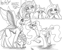 Size: 1024x820 | Tagged: safe, artist:firimil, character:princess cadance, character:princess celestia, character:princess luna, character:spike, character:thorax, character:twilight sparkle, character:twilight sparkle (alicorn), species:alicorn, species:changeling, species:pony, species:reformed changeling, ship:thoralestia, alicorn tetrarchy, blushing, drunk, drunklestia, flirting, grin, male, monochrome, shipping, smiling, straight