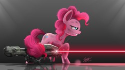 Size: 2200x1238 | Tagged: safe, artist:duskie-06, character:pinkie pie, blaster, burn marks, crossover, dirty, energy weapon, female, fluffy, frown, glare, gritted teeth, gun, halo (series), laser, lidded eyes, messy mane, ponies with guns, prehensile tail, profile, raised hoof, raised leg, reflection, solo, spartan laser, tail, tail hold, weapon