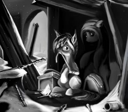 Size: 1024x892 | Tagged: safe, artist:ponsce, oc, oc only, species:pony, bandage, can, female, fire, ghost, grayscale, mare, monochrome, mouth hold, ruins, sitting, snow