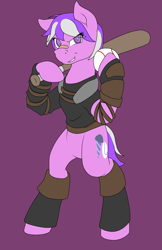 Size: 3085x4769 | Tagged: safe, artist:glacierfrostclaw, character:screwball, fallout equestria, absurd resolution, alternate hairstyle, bandaid, baseball, baseball bat, bipedal, clothing, female, grin, leather armor, simple background, smiling, solo, standing up