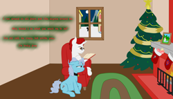 Size: 3500x2000 | Tagged: safe, artist:glacierfrostclaw, character:screw loose, oc, oc:doctor lore, book, christmas tree, collar, female, fire, fireplace, living room, pet play, petting, pregnant, reading, snow, text, tree