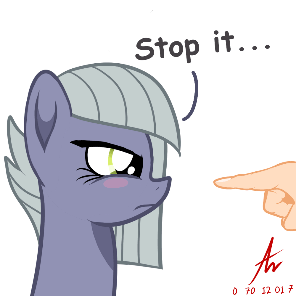 Size: 1000x1000 | Tagged: safe, artist:truffle shine, character:limestone pie, species:human, species:pony, :t, adorable distress, animated, blush sticker, blushing, boop, cute, dialogue, eyes closed, female, fingers, gif, hand, mare, non-consensual booping, nose wrinkle, scrunchy face, signature, simple background, this will end in pain, white background