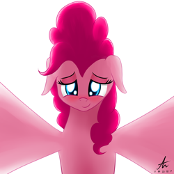Size: 1280x1280 | Tagged: safe, artist:truffle shine, character:pinkie pie, blushing, bronybait, dream, female, floppy ears, lidded eyes, looking at you, love, on top, signature, simple background, smiling, solo, white background
