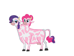 Size: 1161x887 | Tagged: source needed, useless source url, safe, artist:theunknowenone1, character:pinkie pie, character:rarity, species:cow, brahmin, conjoined, cowified, effort, fusion, multiple heads, pincow pie, raricow, simple background, smiling, species swap, two heads, udder, we have become one, white background