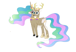 Size: 2025x1383 | Tagged: safe, artist:theunknowenone1, character:princess celestia, species:alicorn, species:deer, species:pony, alternate universe, argument, chubby, chubbylestia, conjoined, deerified, deerlicorn, doe, fat, fat ass, fusion, hybrid, multiple heads, not salmon, plot, plot pair, simple background, sisters, smiling, story, story included, two heads, wat, white background