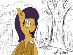 Size: 1536x1156 | Tagged: safe, artist:xwoofyhoundx, oc, oc only, oc:lillian, species:bat, species:bat pony, species:pony, forest, looking at you, sketch, smiling, solo, tree