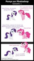 Size: 672x1190 | Tagged: safe, artist:tabrony23, character:pinkie pie, character:rarity, comic:ponys en photoshop, breaking the fourth wall, comic, spanish, translated in the comments