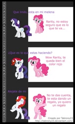 Size: 698x1145 | Tagged: safe, artist:tabrony23, character:pinkie pie, character:rarity, comic:ponys en photoshop, breaking the fourth wall, comic, dialogue, photoshop, spanish, translated in the comments