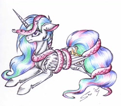 Size: 1024x897 | Tagged: safe, artist:scootiegp, character:princess celestia, coils, floppy ears, heart, intertwined tails, prone, simple background, snake, snek, tongue out, traditional art, unamused, white background