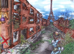 Size: 1024x741 | Tagged: safe, artist:scootiegp, oc, oc only, fanfic:the conversion bureau, abandoned, banner, bygone civilization, eiffel tower, france, french, graffiti, misspelling, paris, post-apocalyptic, ruins, the conversion bureau, traditional art, translated in the comments, vial
