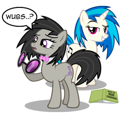 Size: 6731x6196 | Tagged: safe, artist:austiniousi, character:dj pon-3, character:octavia melody, character:vinyl scratch, species:earth pony, species:pony, species:unicorn, absurd resolution, accessory swap, alternate hairstyle, book, bow tie, comic, cutie mark, female, glasses, hooves, horn, mare, open mouth, simple background, smiling, sunglasses, teeth, text, transparent background, vector, wub